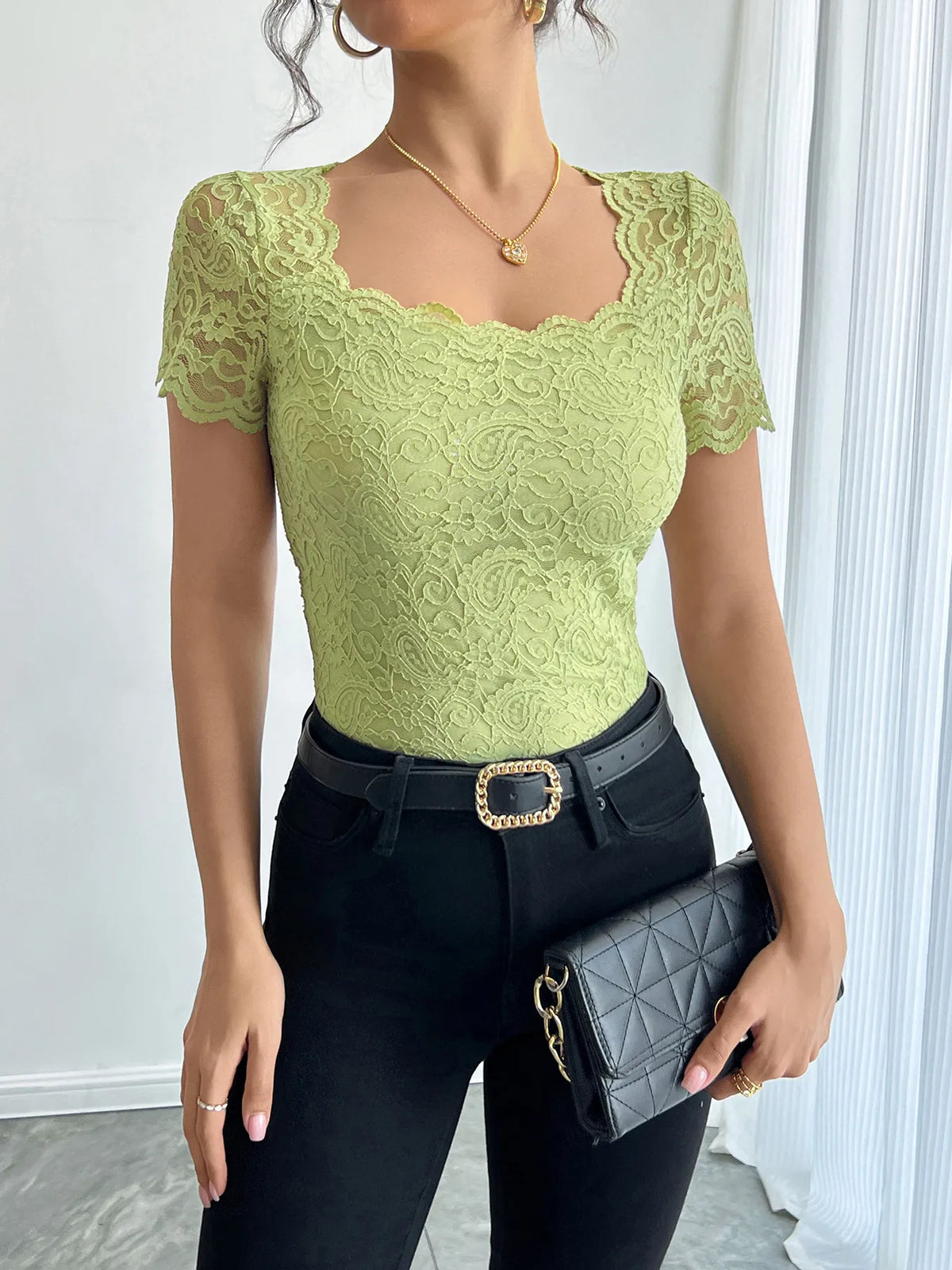 Floral Lace Square Neck T-Shirt - Ladyez