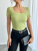 Floral Lace Square Neck T-Shirt - Ladyez