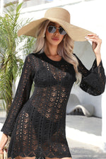 Angel Wings Openwork Scalloped Trim Long Sleeve Cover-Up Dress - Ladyez