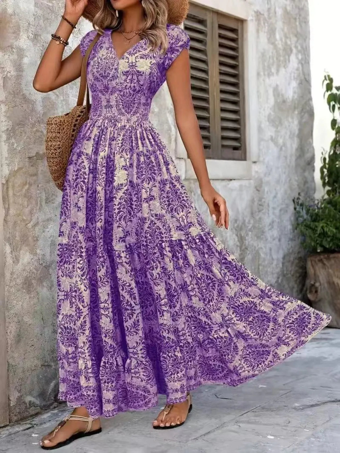 Vintage Floral Cap Sleeve Maxi Dress - Ladyez
