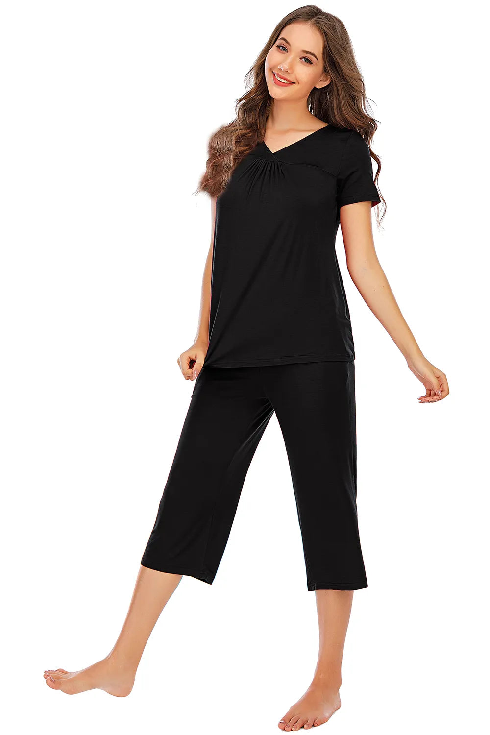 V-Neck Short Sleeve Top and Pants Lounge Set - Ladyez