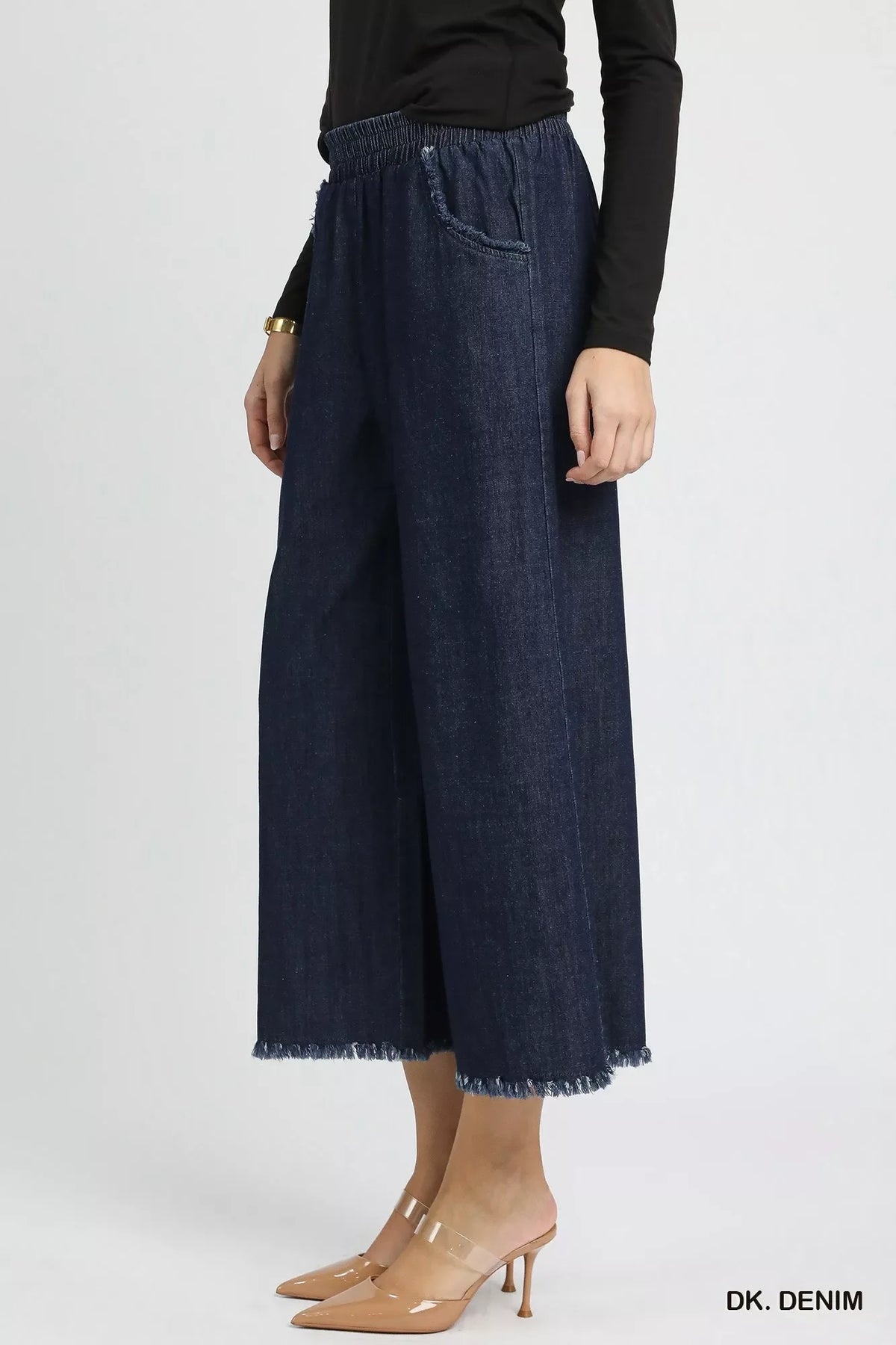 Umgee Washed Fringe Hem Wide Leg Jeans