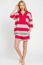 Zenana Frenchterry Striped Half Zip Top & Shorts Set