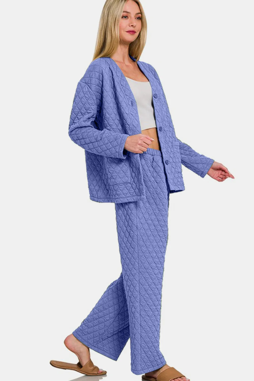 Zenana Quilted Button Up Long Sleeve Top and Pants Lounge Set - Ladyez