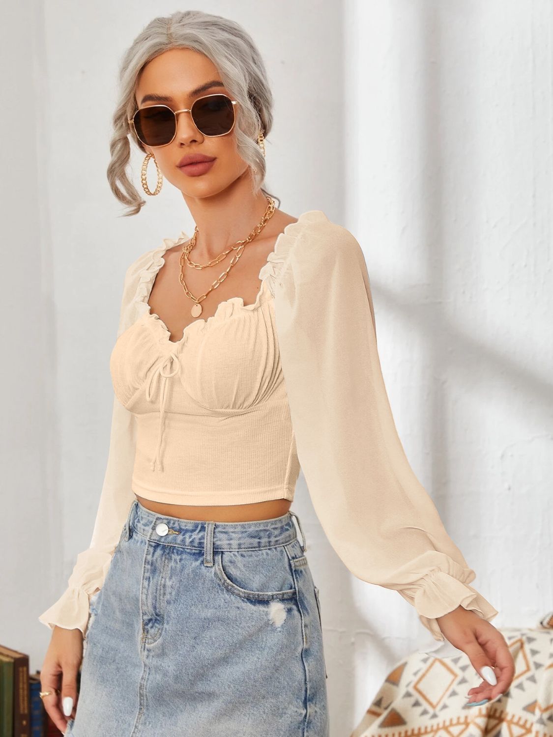 Mesh Sweetheart Neck Flounce Sleeve Top - Ladyez