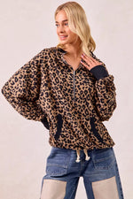 BiBi Leopard Print Waffle Half Zip Up Hoodie W Pocket