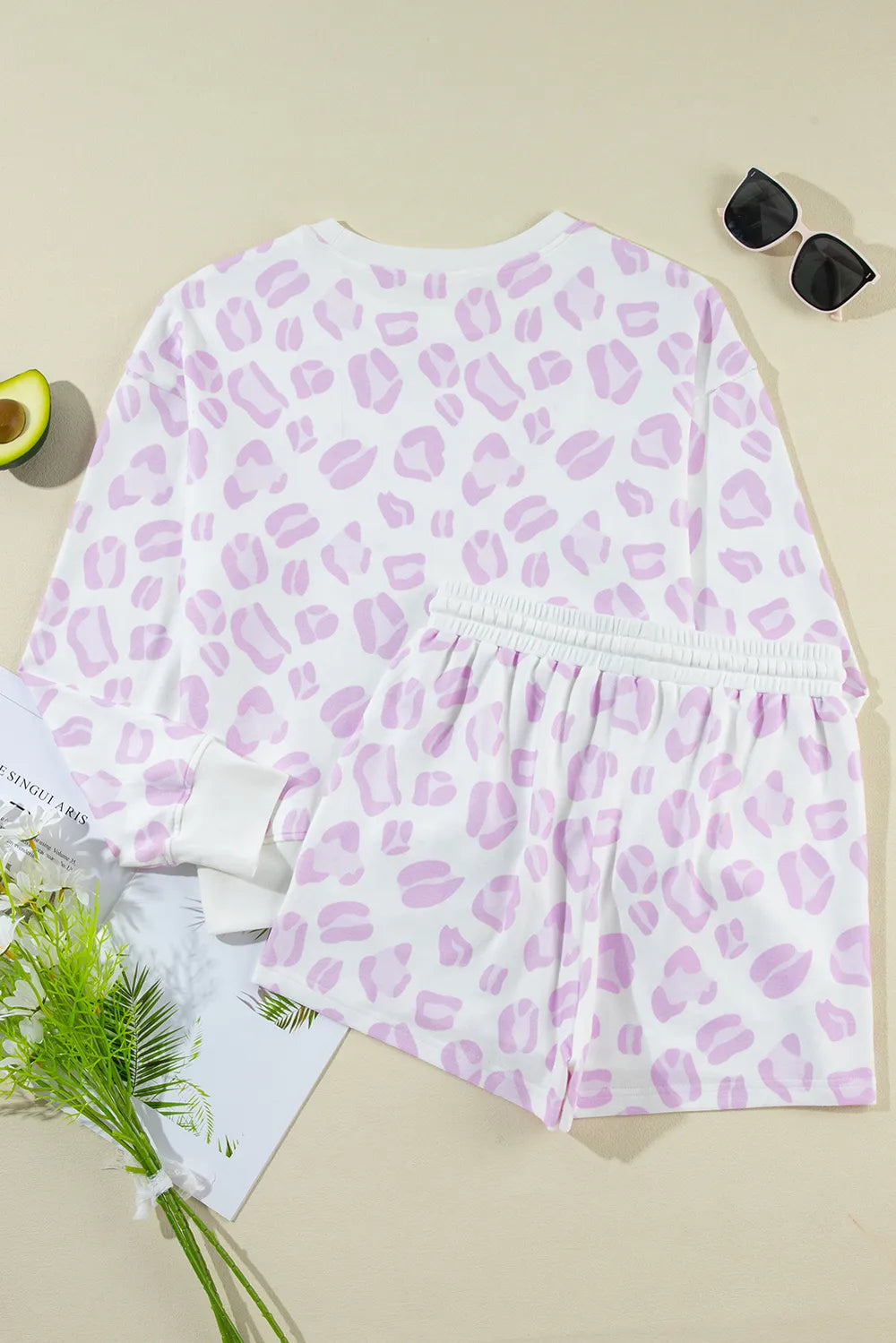 Leopard Long Sleeve Top and Drawstring Shorts Lounge Set - Ladyez
