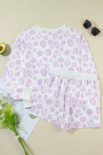 Leopard Long Sleeve Top and Drawstring Shorts Lounge Set - Ladyez