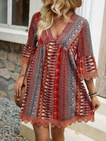 Lace Trim Printed V-Neck 3/4 Sleeve Dress - Ladyez
