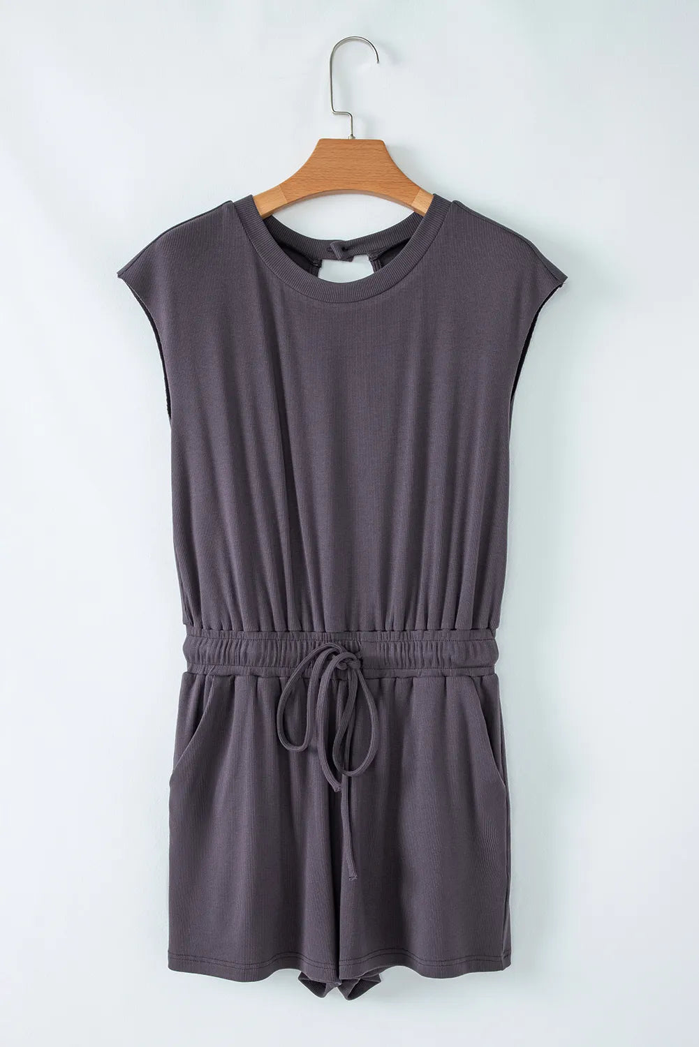 Knit Open Back Cap Sleeve Drawstring Romper - Ladyez