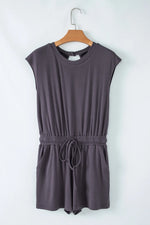 Knit Open Back Cap Sleeve Drawstring Romper - Ladyez
