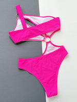 One-Shoulder Cutout Ring Detail One-Piece Swimsuit - Ladyez