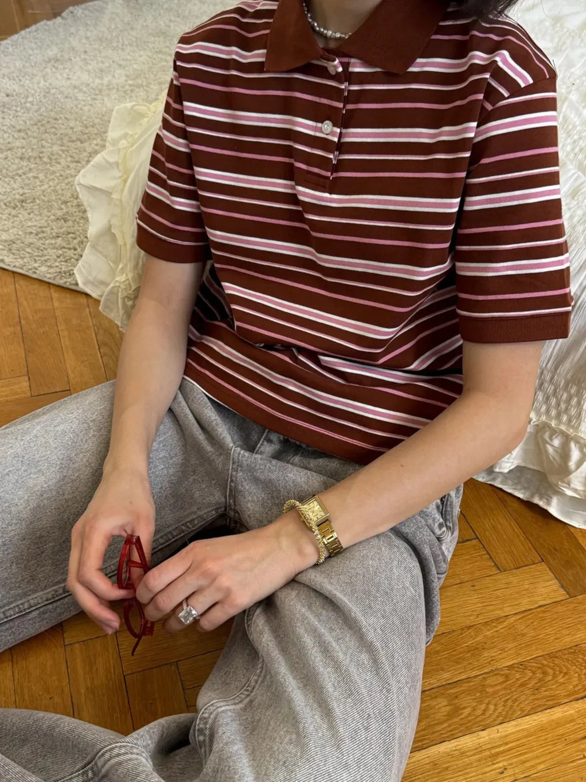 Striped Polo T-Shirt with Contrast Collar - Ladyez