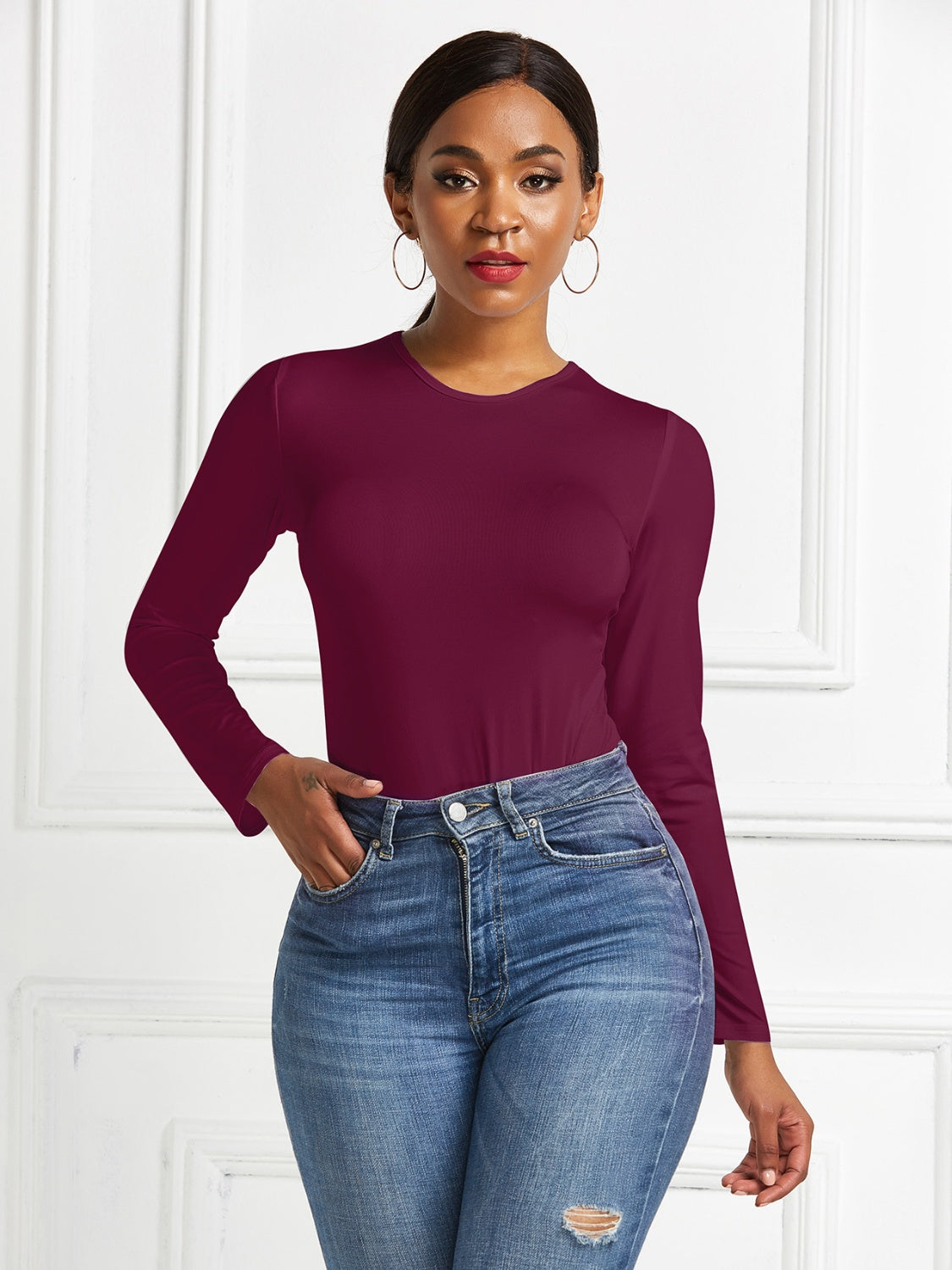 Round Neck Long Sleeve Bodysuit - Ladyez