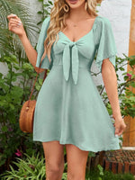 Smocked Back Knotted Flutter Sleeve Dress - Ladyez
