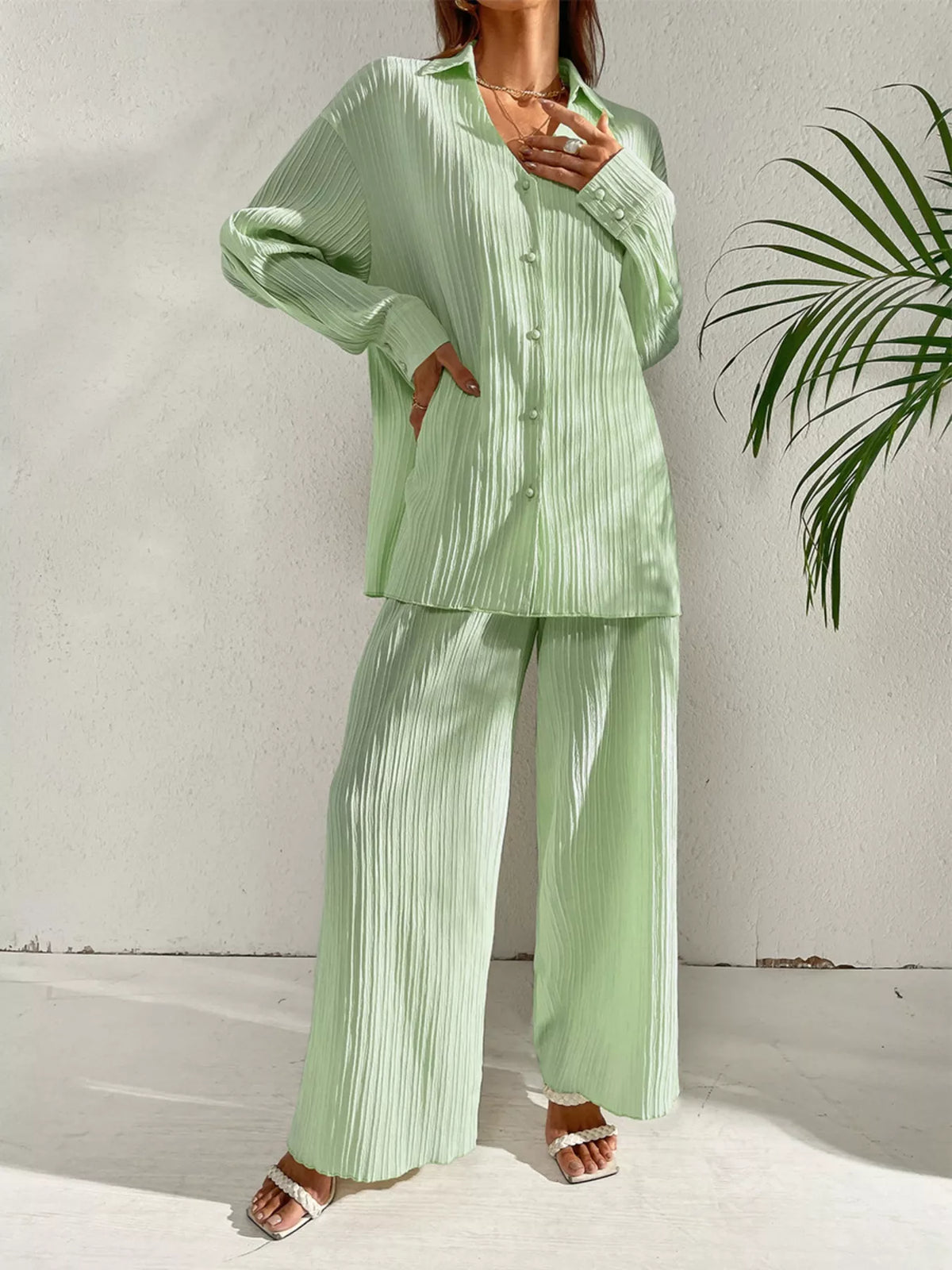 Long Sleeve Shirt & Wide Leg Pants Set