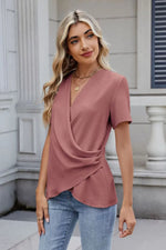 Solid Color Surplice Short Sleeve Blouse