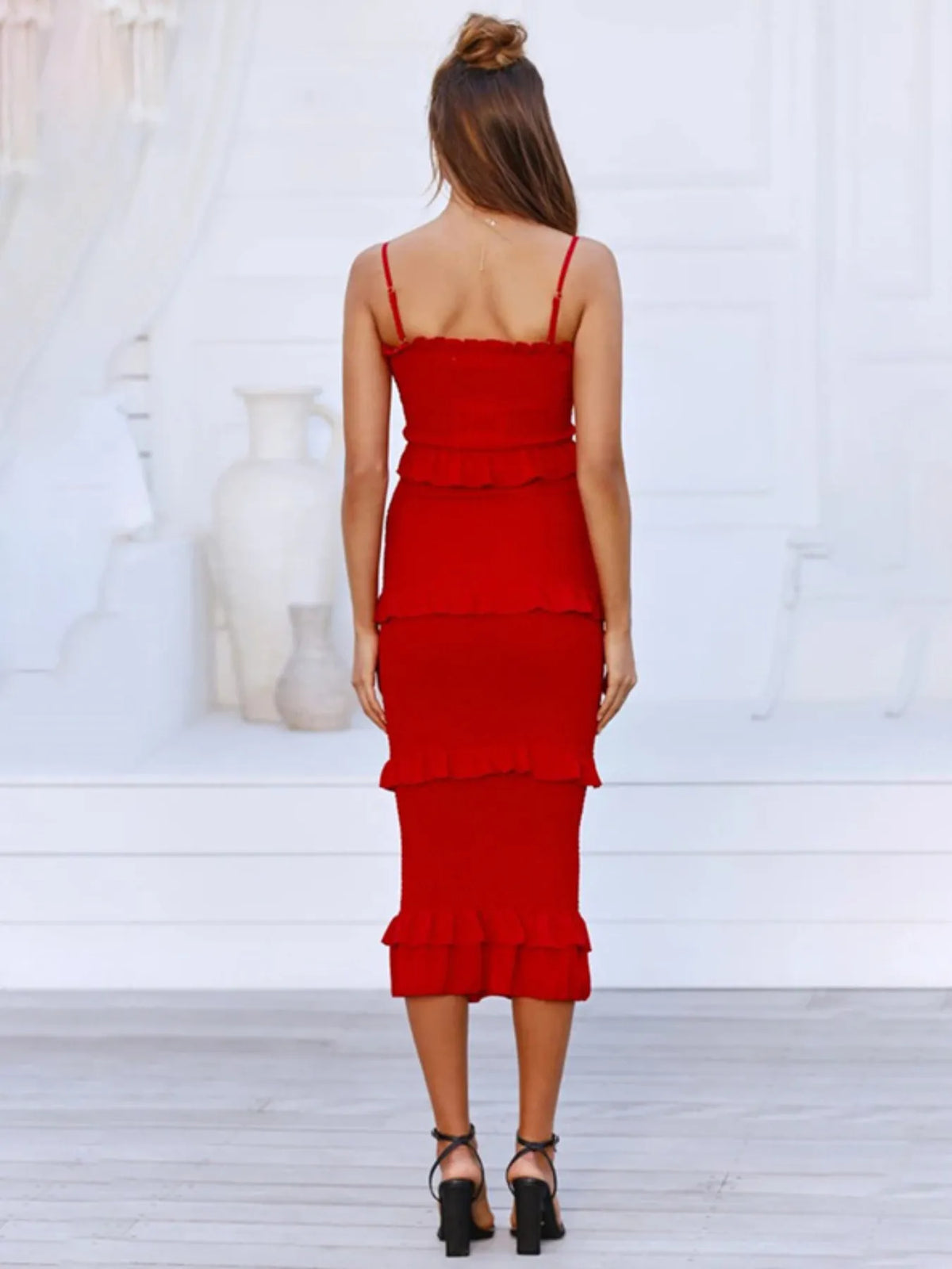 Smocked Ruffled Midi Cami Dress - Ladyez