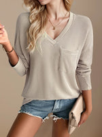 Pocketed Textured V-Neck Long Sleeve T-Shirt