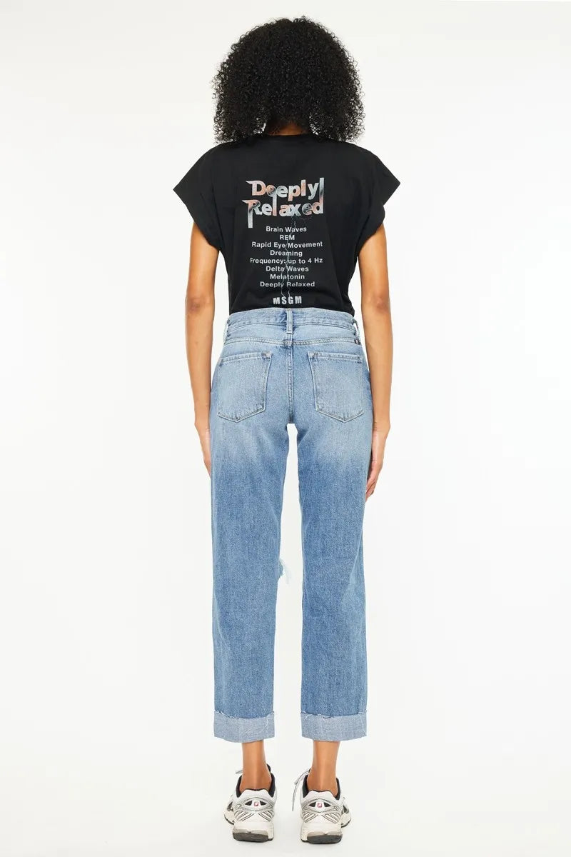 Kancan Mid Rise Distressed Boyfriend Fit Jeans - Ladyez