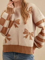 Ribbon Bow Checkered Striped Sleeve Drop Shoulder Sweater