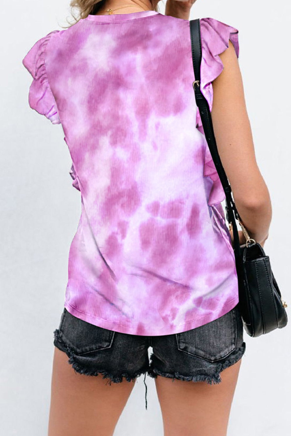Ruffled Printed Round Neck Cap Sleeve T-Shirt - Ladyez