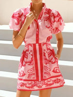 Puff Sleeve Printed Top and Zip Back Skirt Set - Ladyez