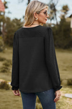 Eyelet Round Neck Flounce Sleeve T-Shirt