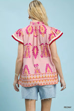Umgee Border Print Split-Neck Boho Top