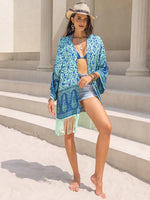Fringe Printed Open Front Cover-Up - Ladyez