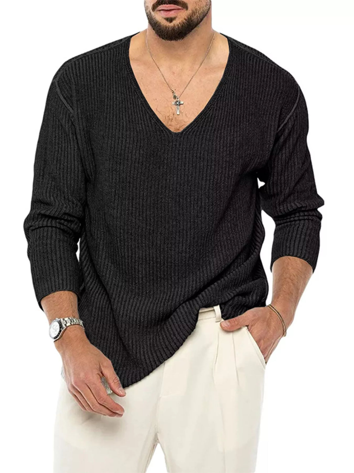 Men's Casual V-Neck Ribbed Knit Sweater