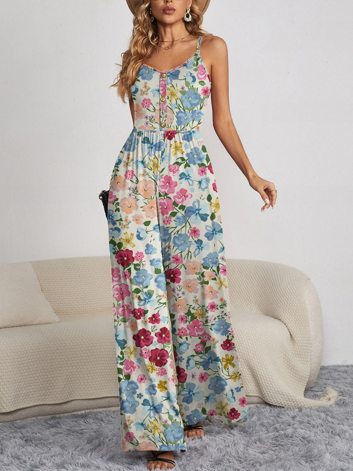 FAM-FAM Decorative Button Spaghetti Strap Wide Leg Jumpsuit - Ladyez