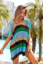 Angel Wings Openwork Striped V-Neck Short Sleeve Cover Up - Ladyez