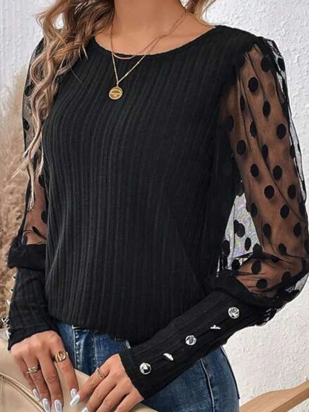 Polka Dot Sheer Sleeve Blouse - Ladyez