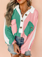 Color Block Button Front Collared Neck Sweatshirt