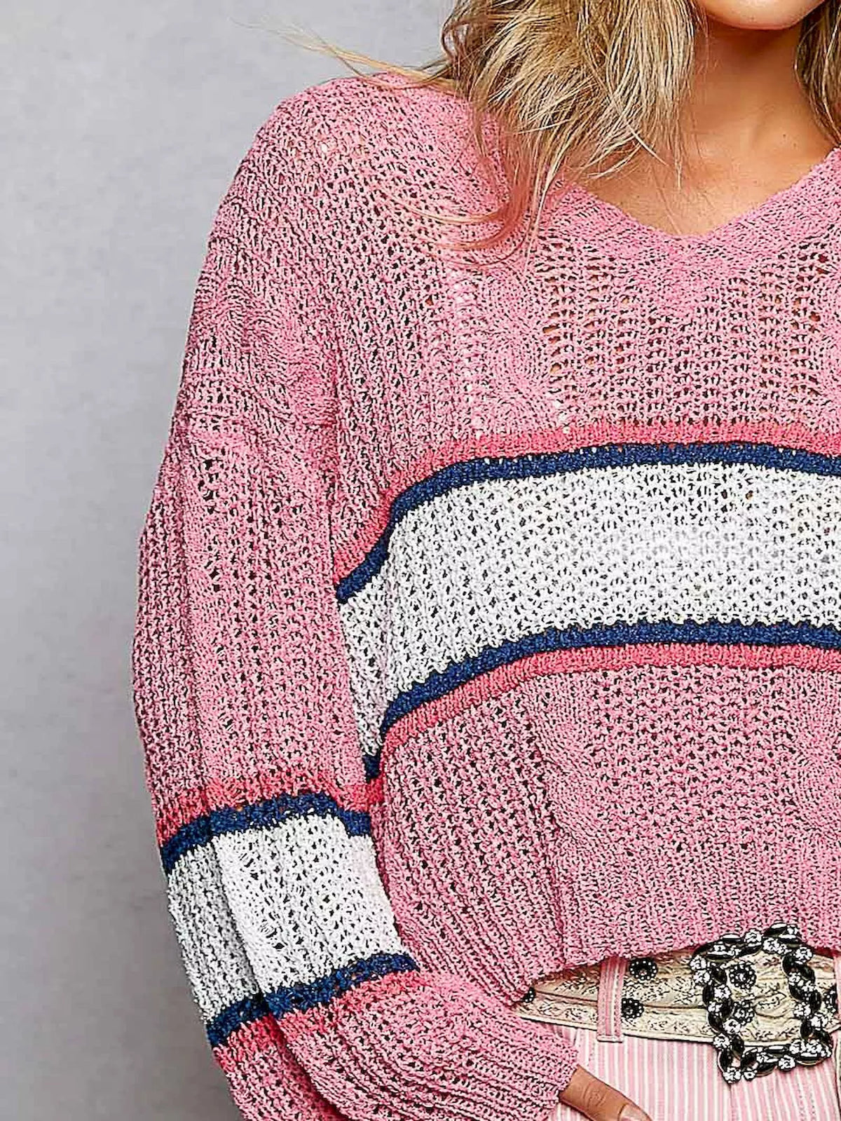 POL V-Neck Striped Pattern Cropped Knit Top with Cable Knit Detail