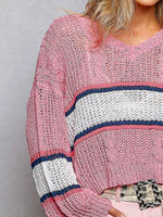POL V-Neck Striped Pattern Cropped Knit Top with Cable Knit Detail