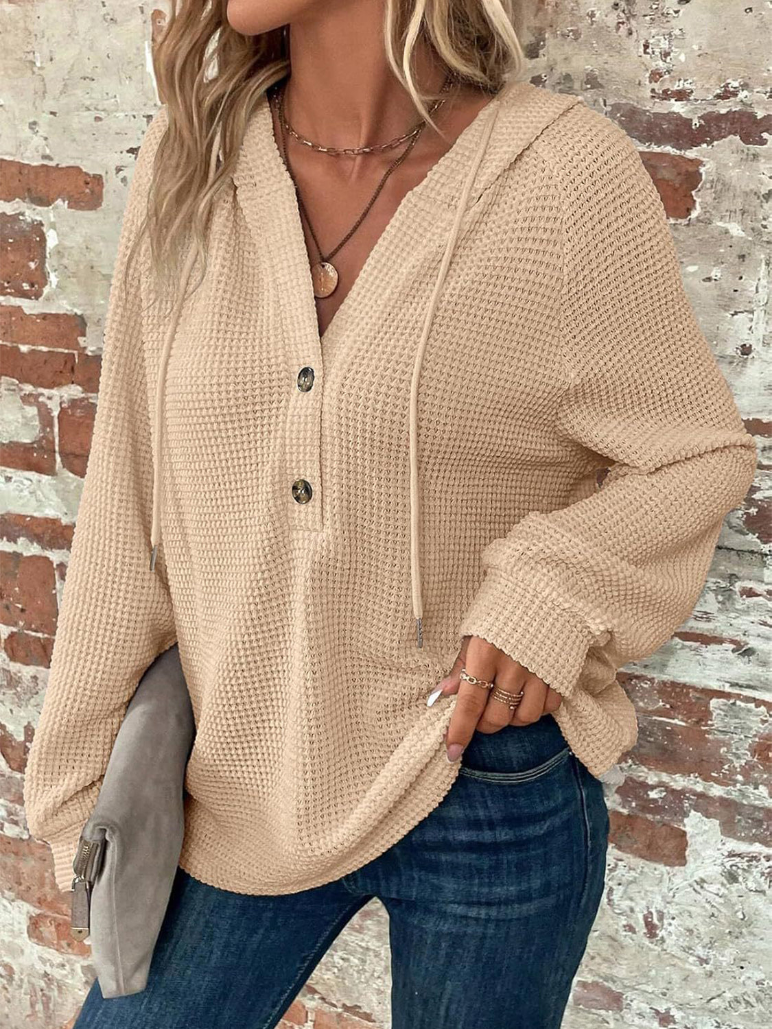 Waffle Knit Long Sleeve Drawstring Hooded Top - Ladyez