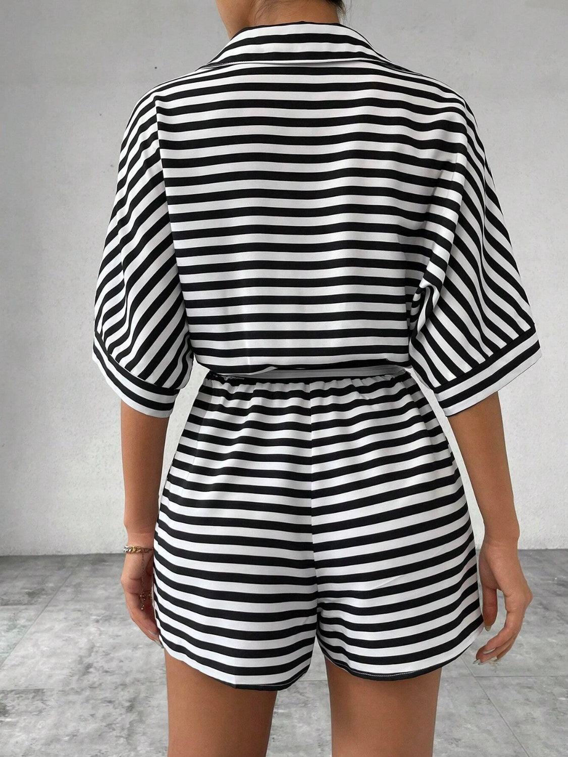 Tie Waist Half Button Striped Romper - Ladyez
