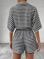 Tie Waist Half Button Striped Romper - Ladyez