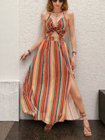 Striped Halter Maxi Dress with Cutout Detail - Ladyez