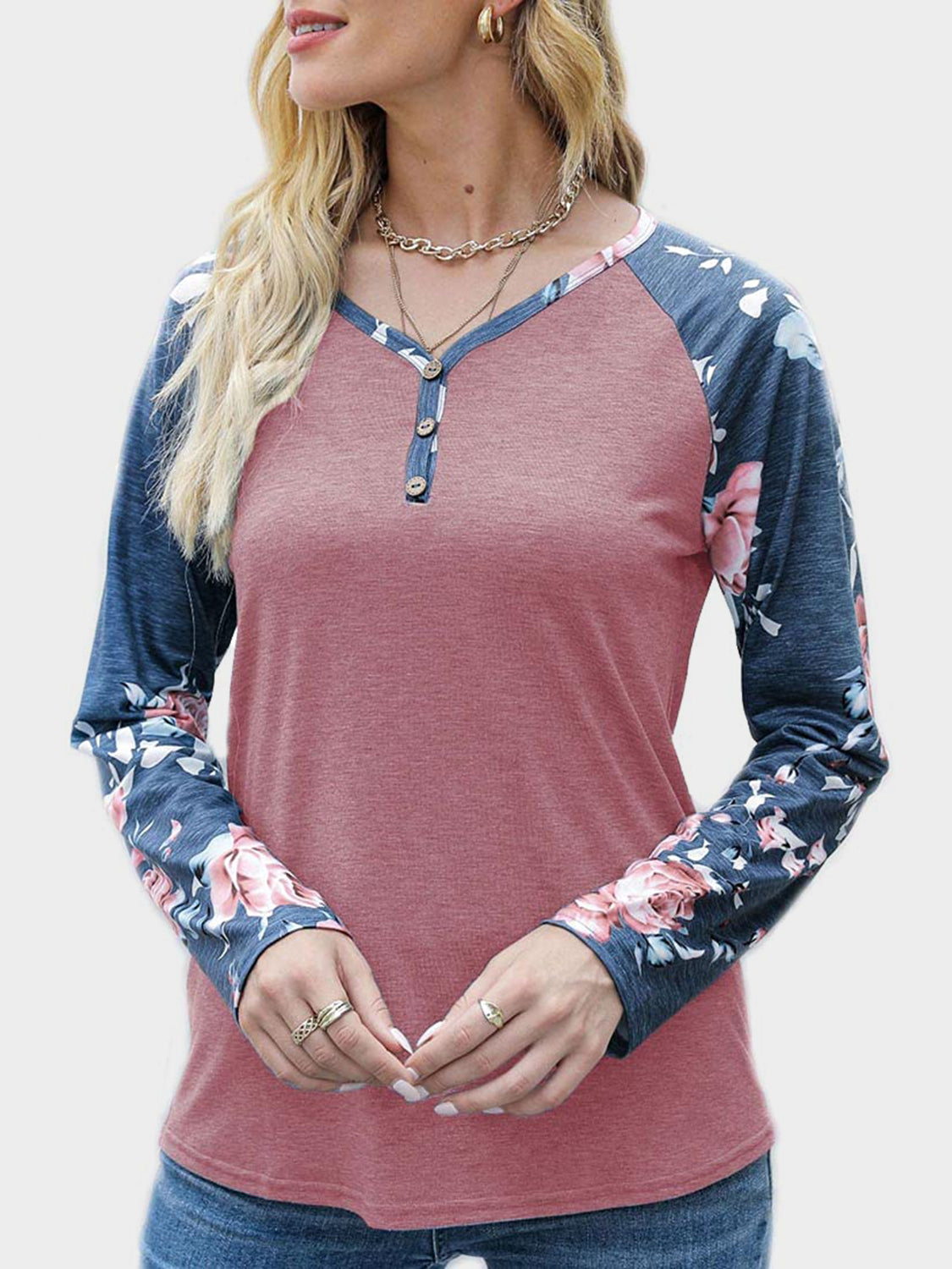 V-Neck Floral Long Sleeve T-Shirt - Ladyez