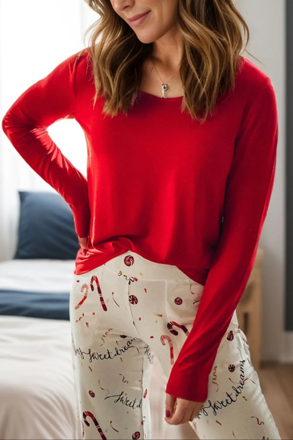 Round Neck Long Sleeve Top and Printed Pants Lounge Set - Ladyez
