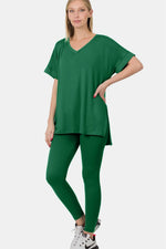Zenana V-Neck Rolled Short Sleeve T-Shirt and Leggings Lounge Set - Ladyez