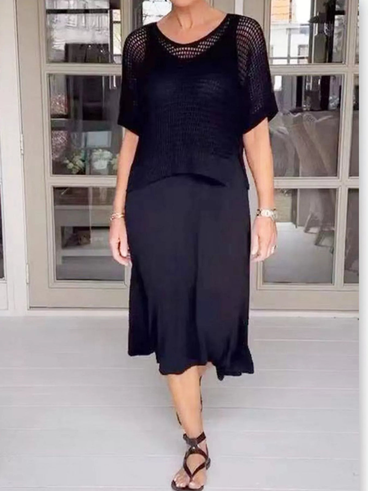 Full Size Openwork Knit Cover Up and Dress Set Plus Size