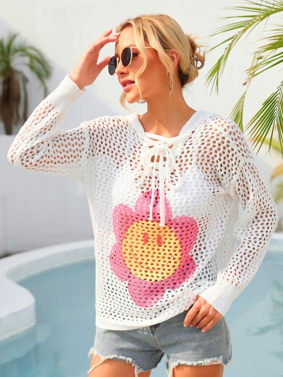 Angel Wings Flower Graphic Lace-Up Openwork Hooded Cover Up - Ladyez