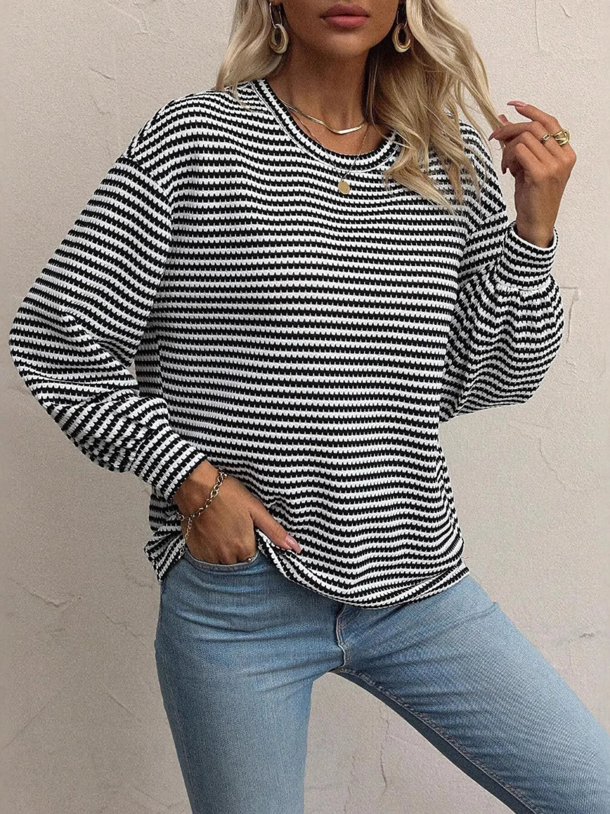 Striped Round Neck Lantern Sleeve Top