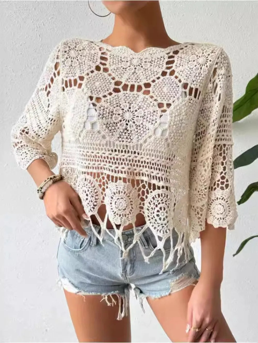 Openwork Round Neck Cover-Up - Ladyez