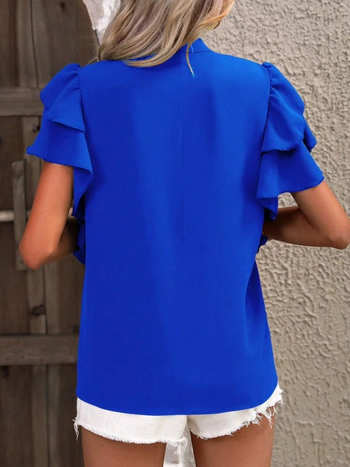 Ruffle Sleeve Notched Blouse - Ladyez