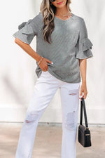 Gingham Bow Half Sleeve Blouse